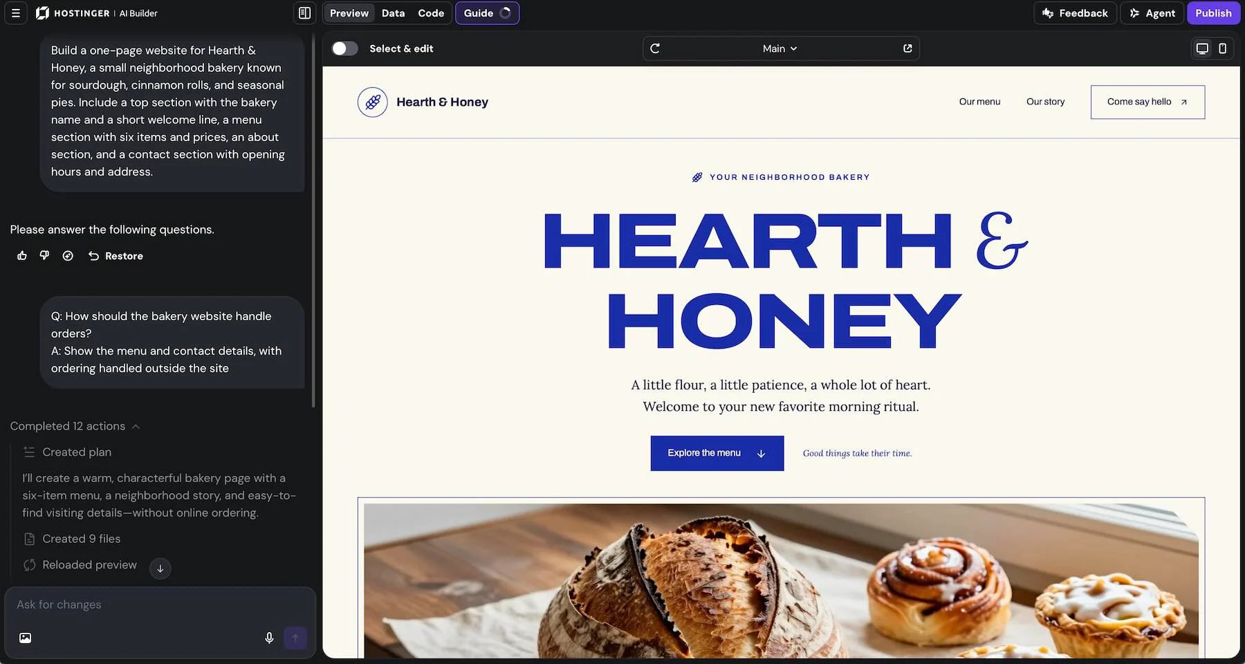 Hostinger AI Website Builder interface