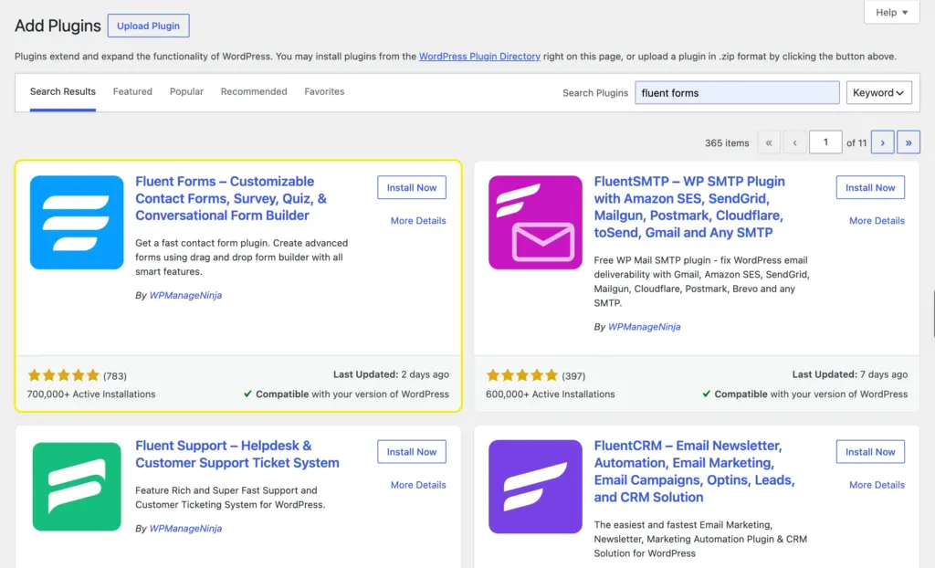 Searching for and installing the Fluent Forms plugin from the WordPress Add Plugins page