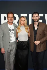 NEW YORK, NEW YORK - OCTOBER 05: (L-R) Michael Shannon, Isabel May and David Corenswet attend the 