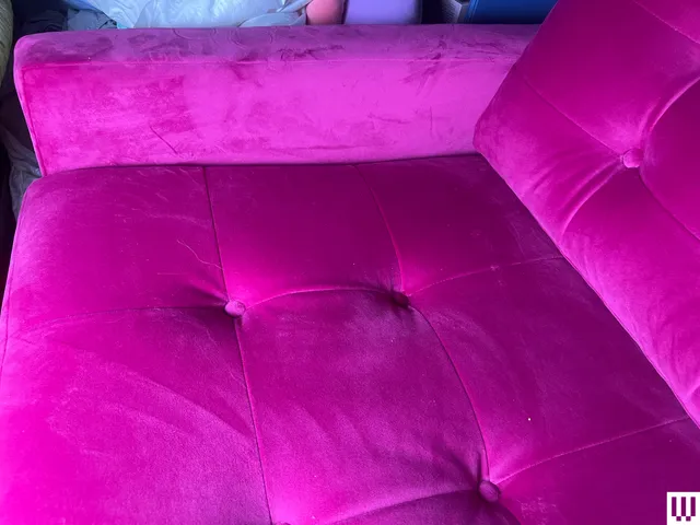Image may contain: Couch, Furniture, Purple, Velvet, Cushion, Home Decor, and Bed