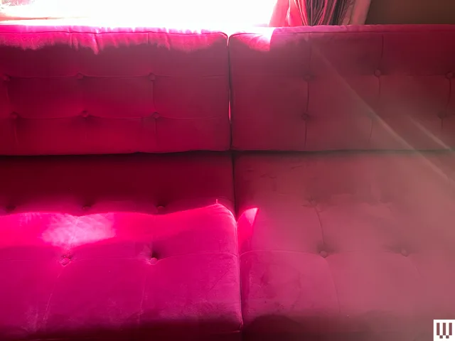 Image may contain: Couch, Furniture, Velvet, Architecture, Building, Indoors, Living Room, Room, Purple, and Cushion