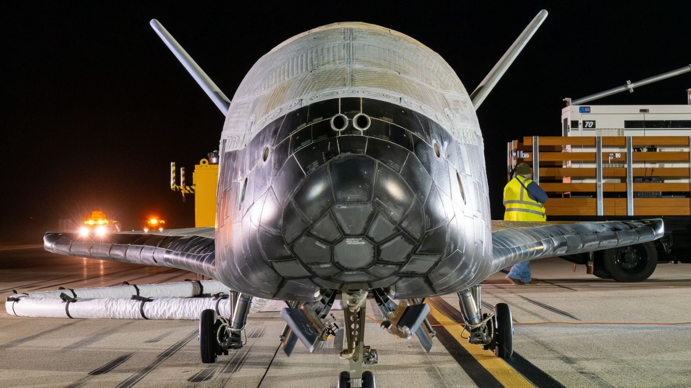 A photo of the X-37B space plane taken from just in front of the vehicle's nose cone
