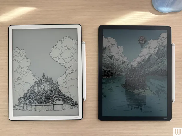 Kindle Scribe Colorsoft and Kindle Scribe (3rd Gen) side by side, two digital tablets with attached stylus