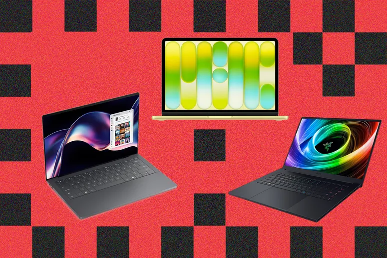 3 laptops, each open to show a vibrant screen. Decorative background: grainy black and red checkered pattern.