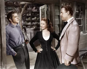 CANYON PASSAGE, from left: Dana Andrews, Susan Hayward, Brian Donlevy, 1946