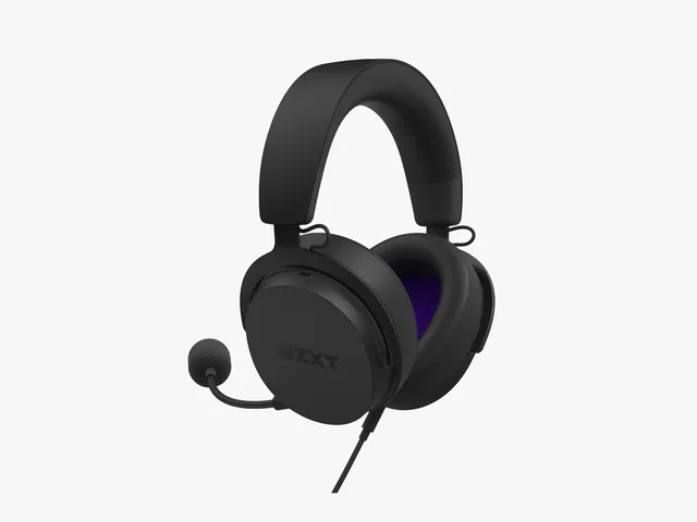 Black headphones with cushioned ear pieces and an extended attached mic 