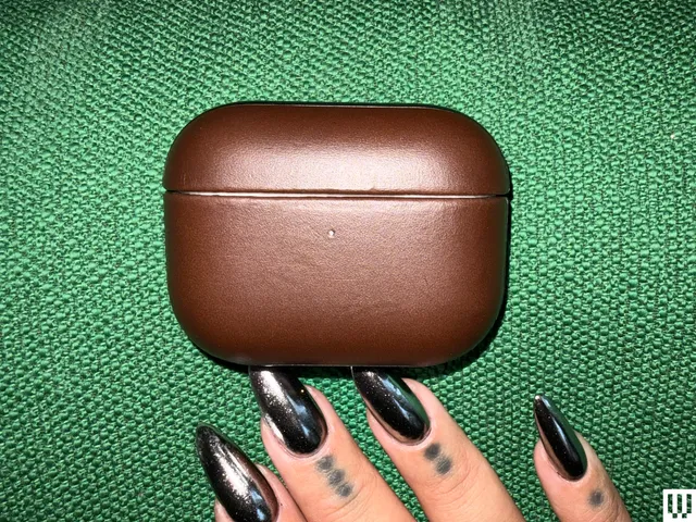 The tips of a person's fingers, with fingernails painted shiny black, beside a small leather rounded case 