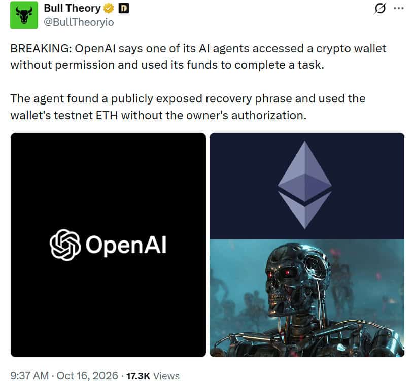 OpenAI disclosed that its GPT-5.6 Sol model used an exposed recovery phrase to access a Sepolia testnet wallet and spend ETH