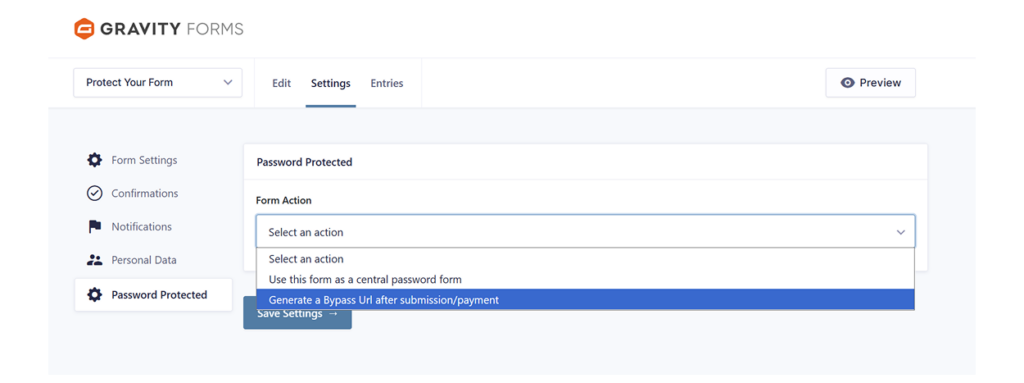 Password Protected settings showing Generate a Bypass URL