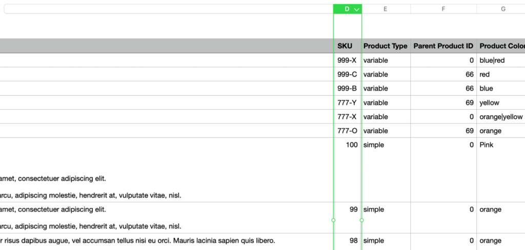 Product file sorted by SKU column