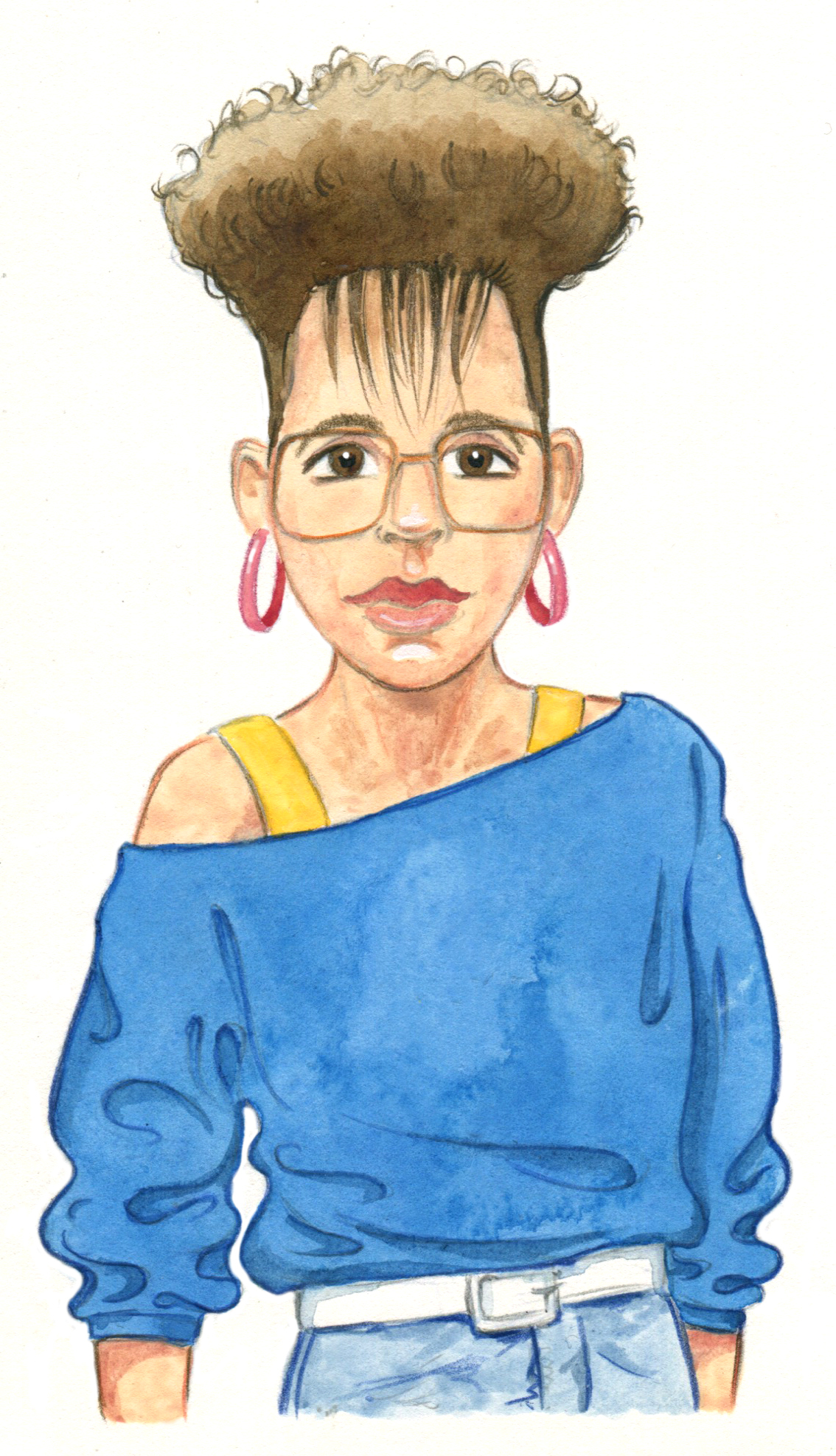 A cartoon image of a woman with glasses, earrings, a blue shirt and tall hair
