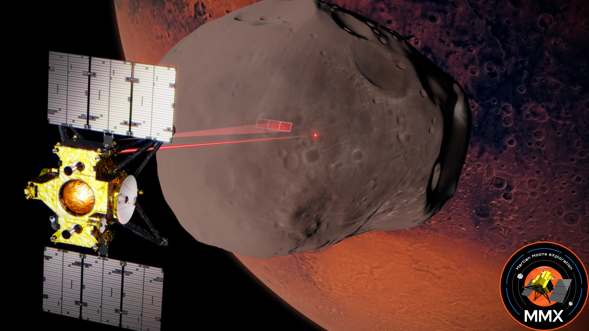 An artist's impression of the MMX probe analyzing Phobos during a flyby