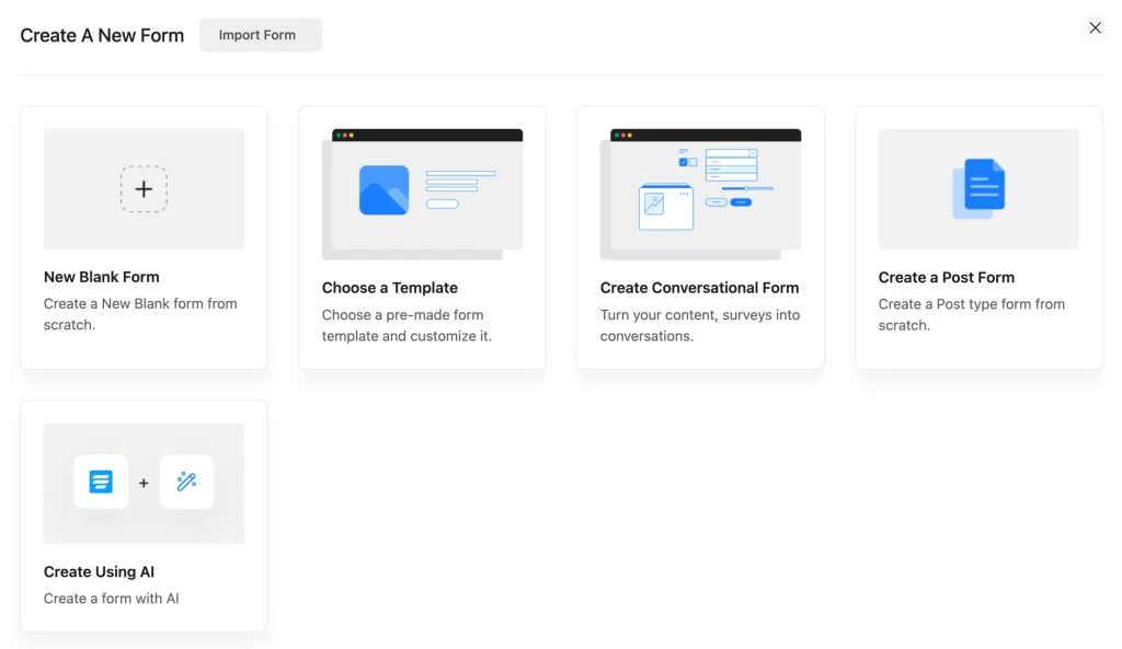 Add New Form on Fluent Forms:
- New Blank Form
- Choose a Template
- Create Conversational Form
- Create a Post Form
- Create Using AI
