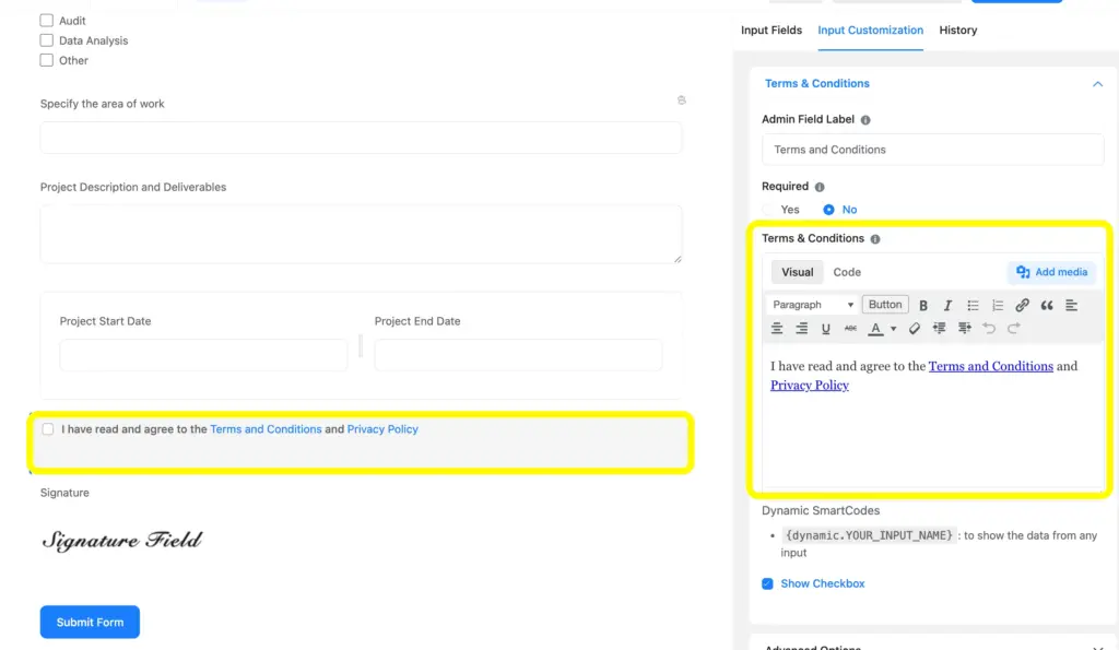 Add the terms and condition field for a proper contract form
