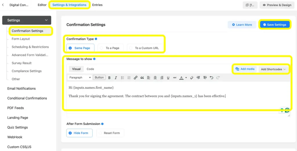 configure confirmation and notifications from the settings and integrations tab