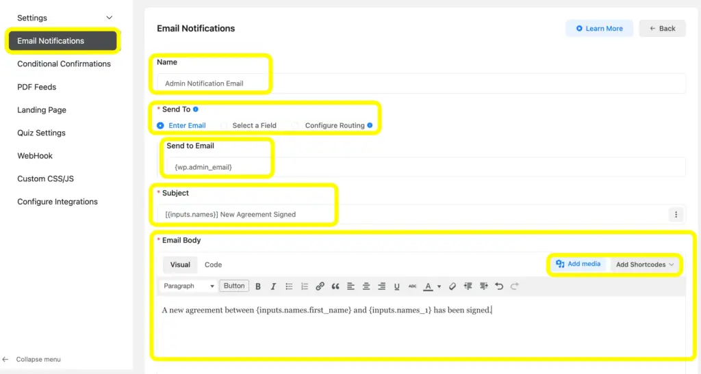configure email notification and get notified once a form is submitted