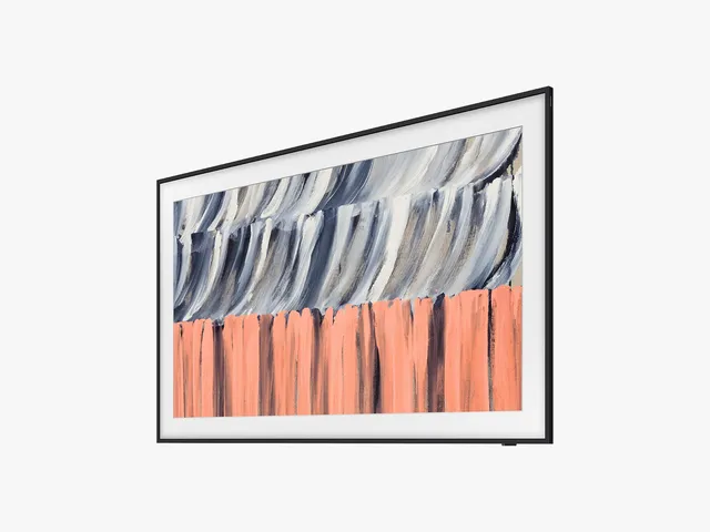 Thin flat screen tv with thin black frame and white inner border to mimic framing for a painting