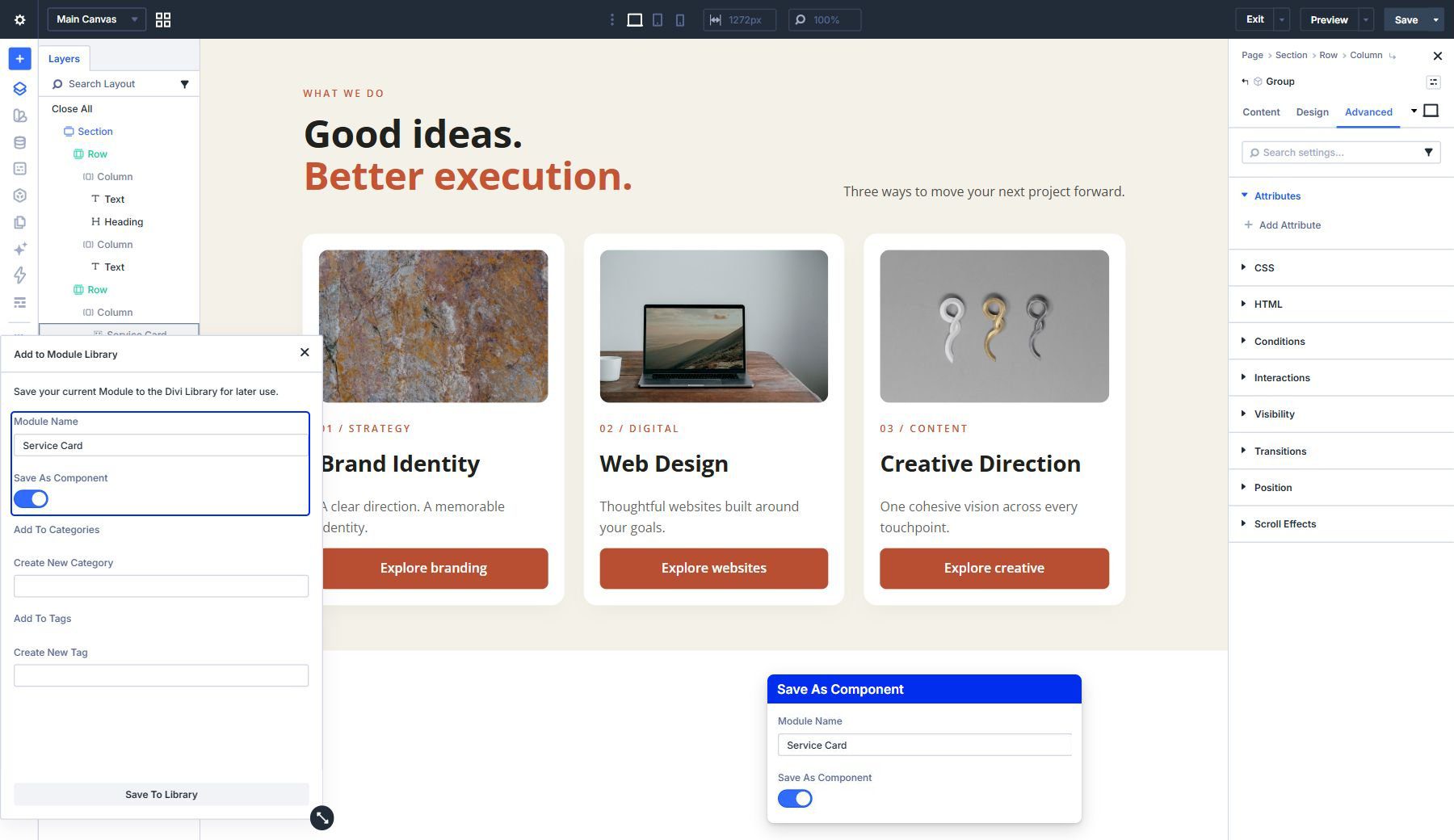 Saving the Service Card Group with Save As Component enabled
