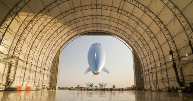 Sceye's high altitude platform system (HAPS) seen from inside its hangar after launching from New Mexico on August 9, 2026.