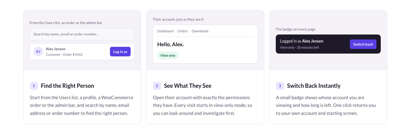 Superb Login As User view-only notice blocking an account change, with controls to allow changes for the visit and switch back.