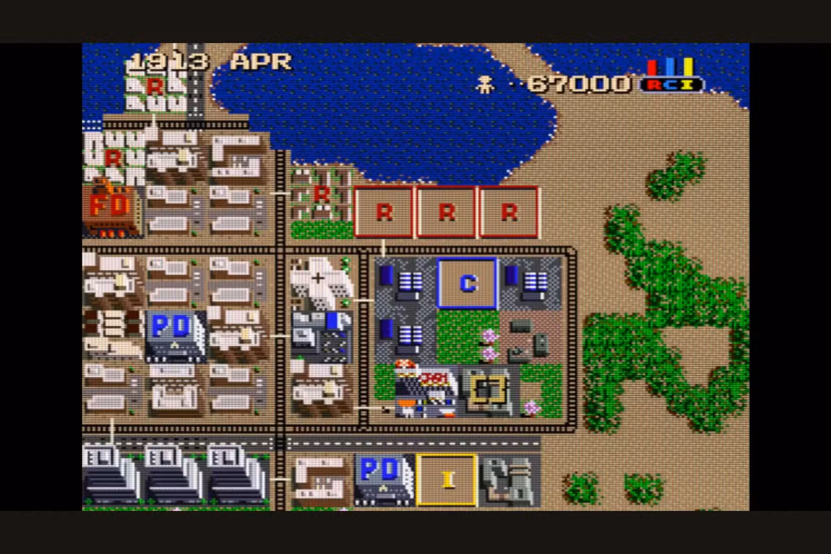 A screenshot of a bay area in the original SimCity.