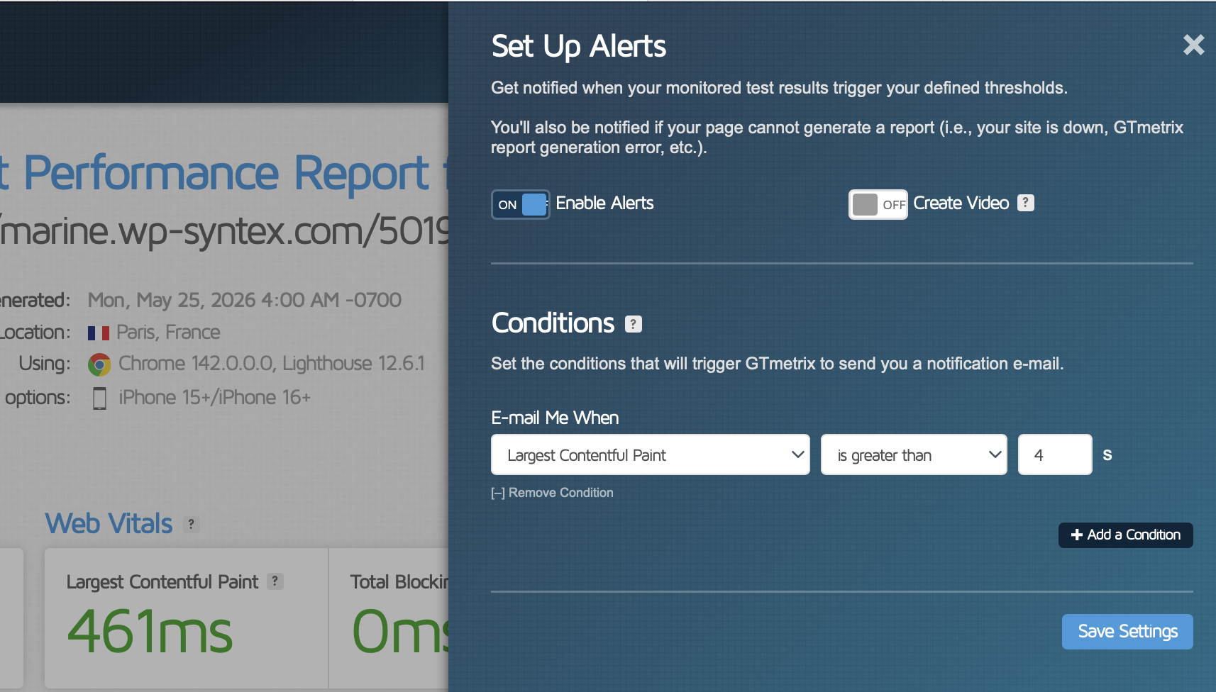 Setting up alert and conditions to monitor Core Web Vitals  - Source: GTmetrix