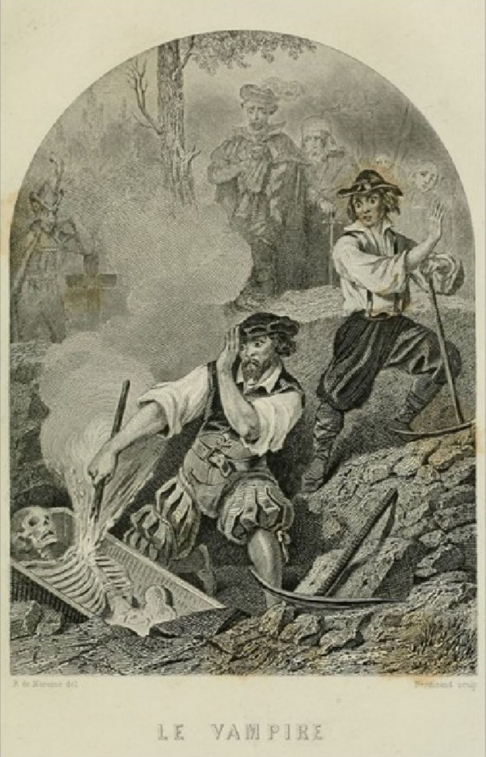 illustration of a man next to an open grave stabbing a skeleton through the chest