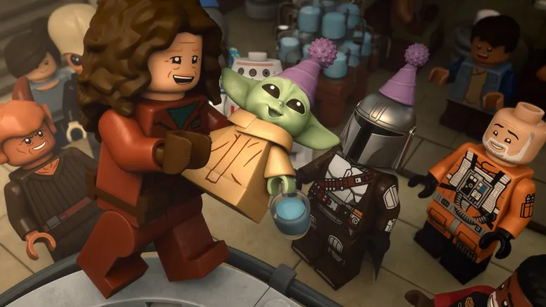 Peli Motto, Grogu, and The Mandalorian in Lucasfilm's LEGO STAR WARS: THE MANDALORIAN, exclusively on Disney+. Photo courtesy of Lucasfilm. © 2026 Lucasfilm Ltd. All Rights Reserved.