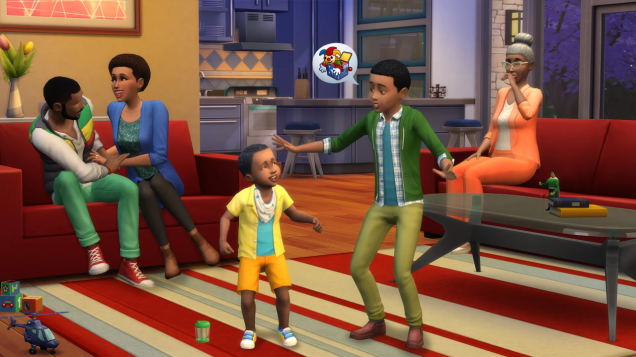 A family of Black Sims bond in the living room. Two brothers play with toys in the middle of the room as their parents tickle each other on the couch, and their grandmother looks on fondly.