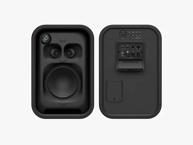 Rectangular black speaker showing the front pads and the rear ports