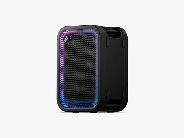 Rectangular black speaker with purple and blue lights around the front panel