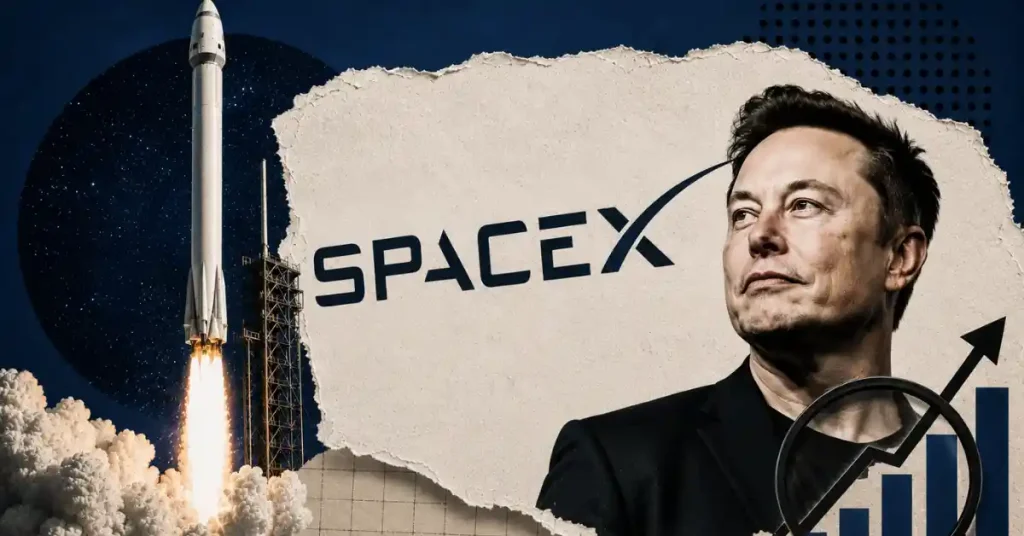 A SpaceX rocket taking off next to a portrait of Elon Musk.