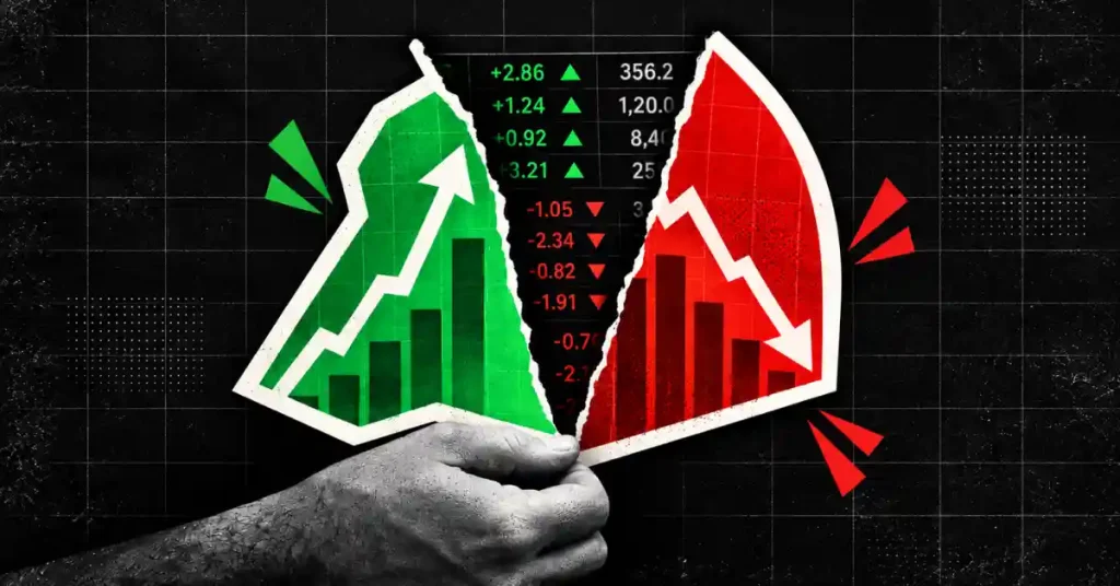 Hand holding torn financial chart split between green growth and red crash