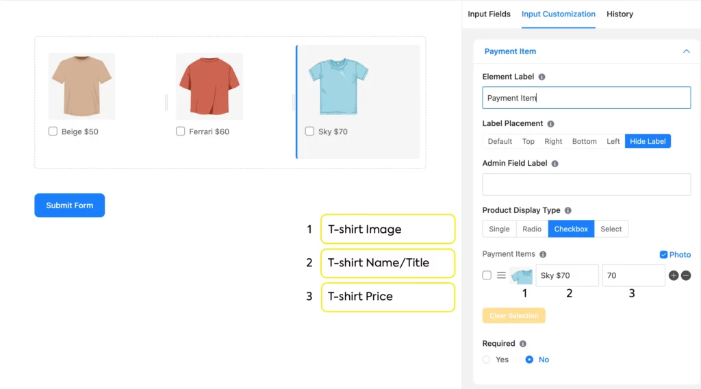 Fluent Forms product field with product name, image, and price