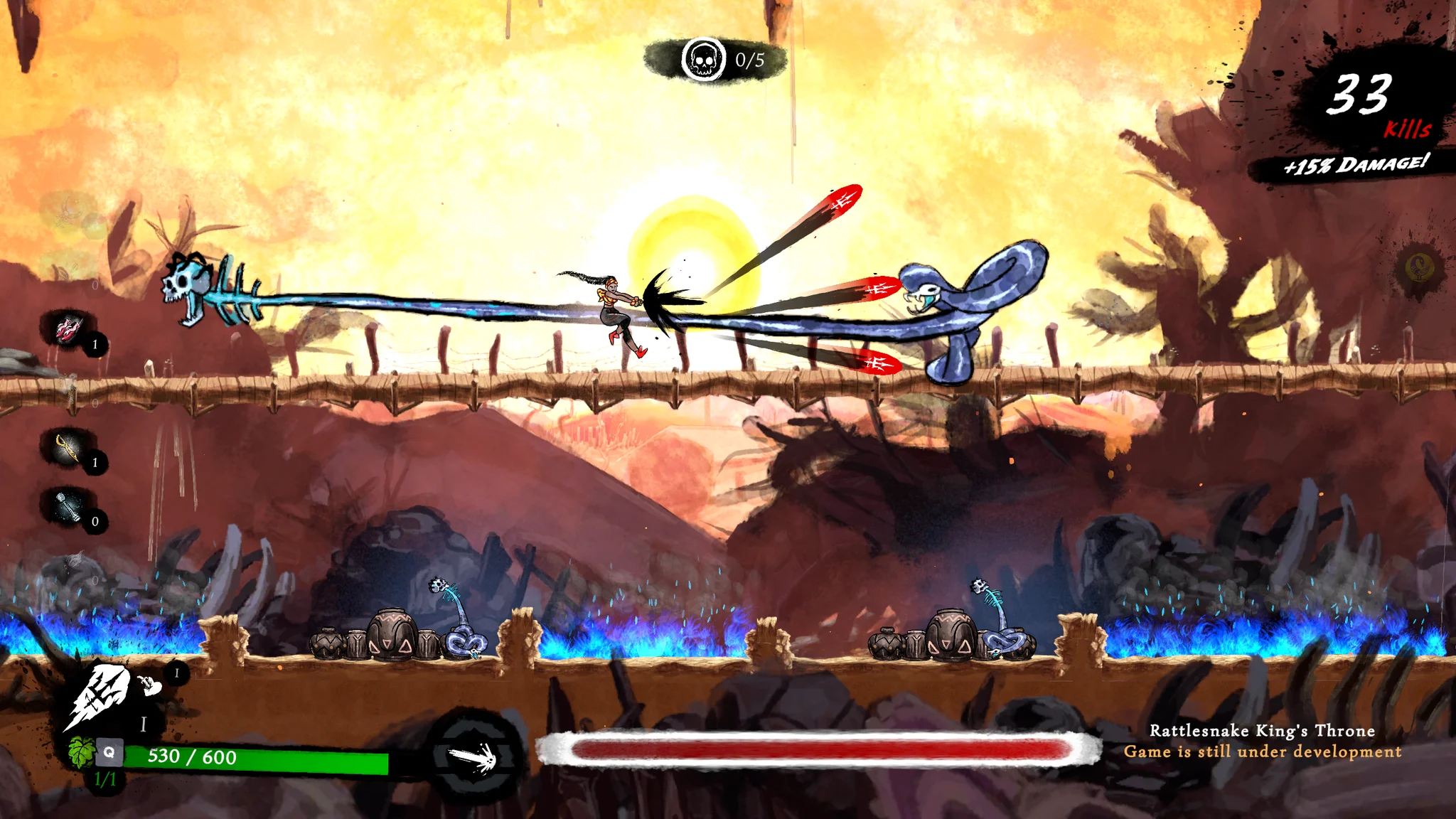 Fighting the Rattlesnake King miniboss in the Talaka demo.