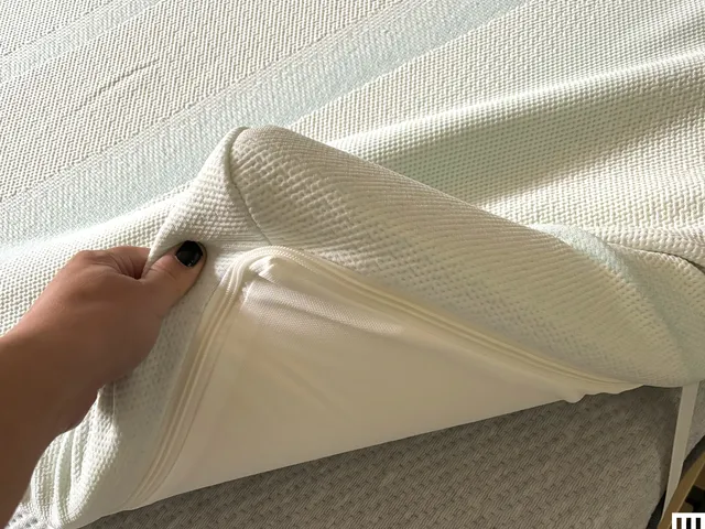 Tempur-Pedic Tempur-Adapt Mattress Topper, a thick pad strapped to the corner of a mattress 