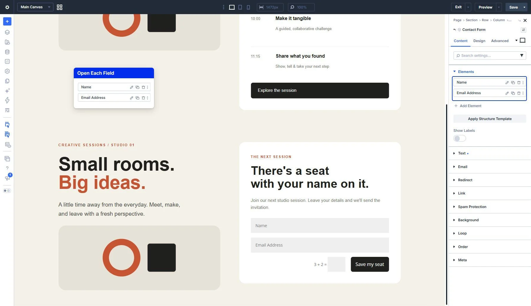 The local Contact Form's Elements list with pencil controls beside Name and Email Address.