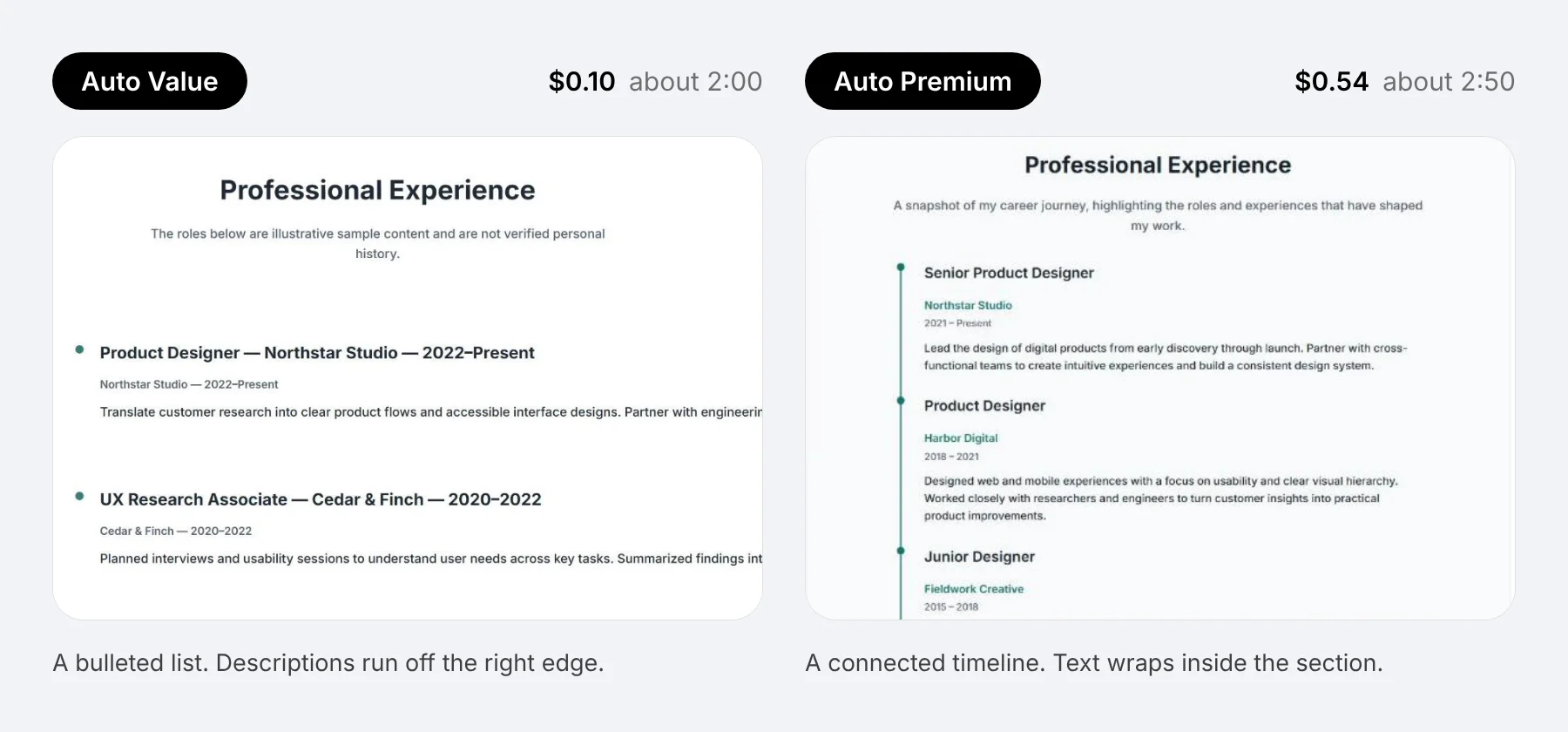 Professional Experience section results from Auto Value and Auto Premium shown side by side