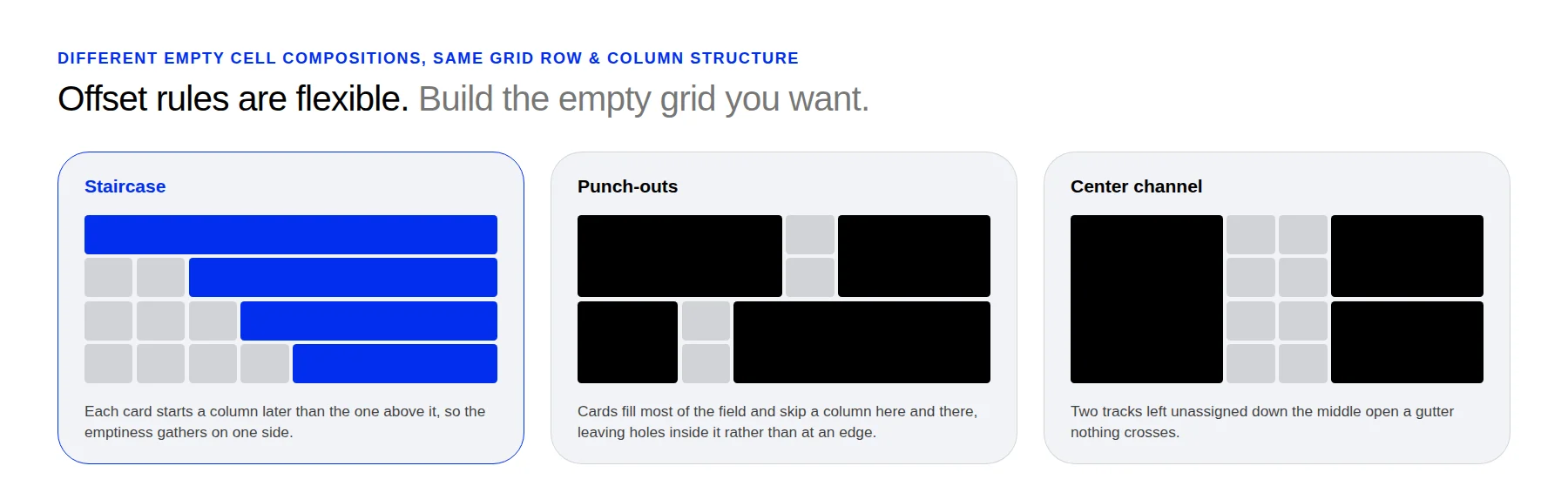 Three grid compositions using empty cells to create stepped, punchout, and channel shapes