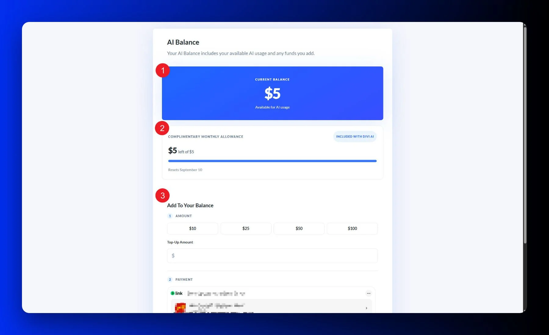 AI wallet showing the available balance, complimentary funds, and top-up options