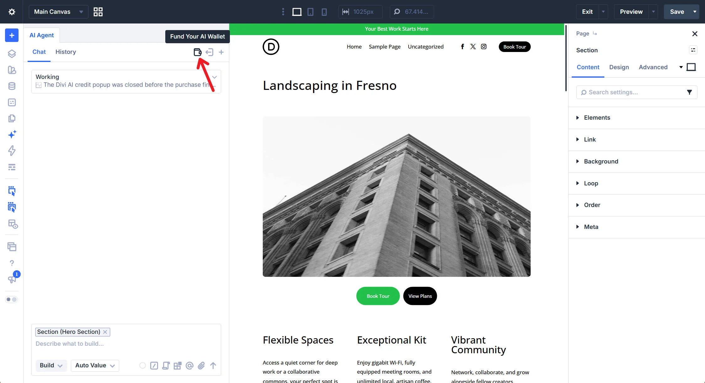 Wallet icon in the top-right corner of the Divi AI agents panel