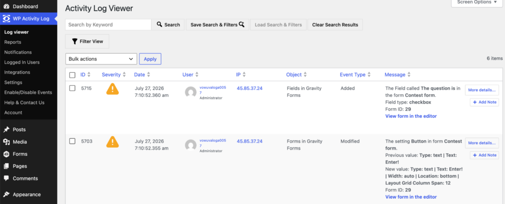 Example of activity log viewer