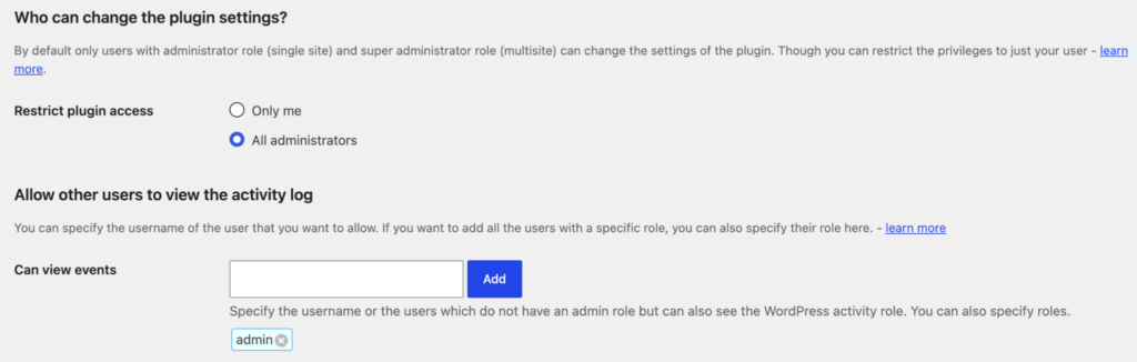 Example of plugin settings in WP Activity Log