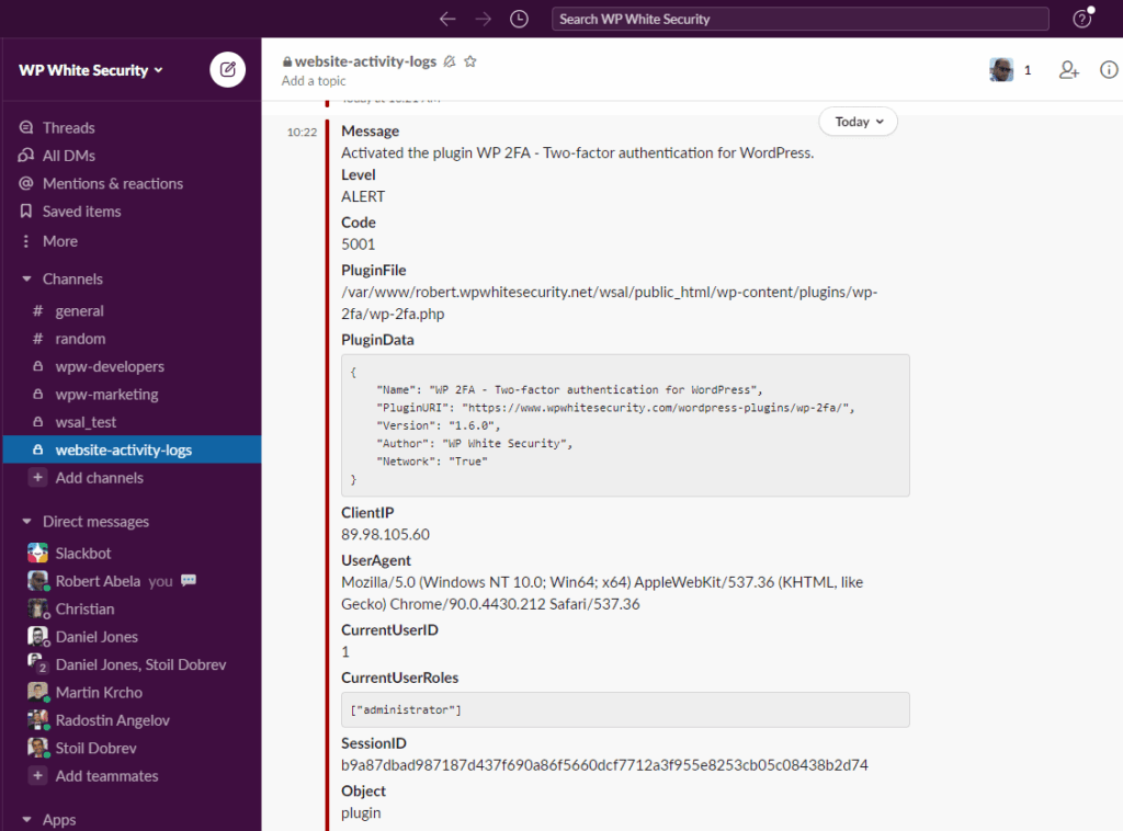 WP Activity Log notification on Slack