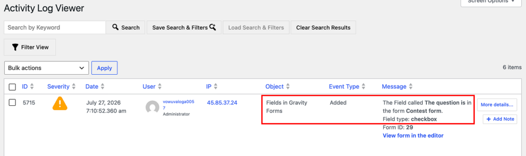 Activity log - adding form field in Gravity Forms
