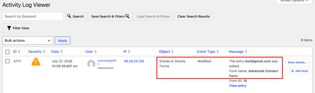 Example of modified Gravity Forms form entries in Activity Log Viewer
