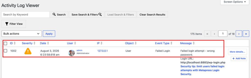 Activity log details that the plugin records