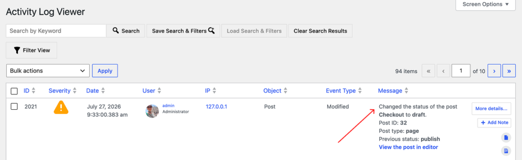 Post unpublished shown in activity log
