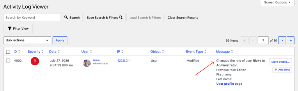 Change of editor role to administrator in activity log
