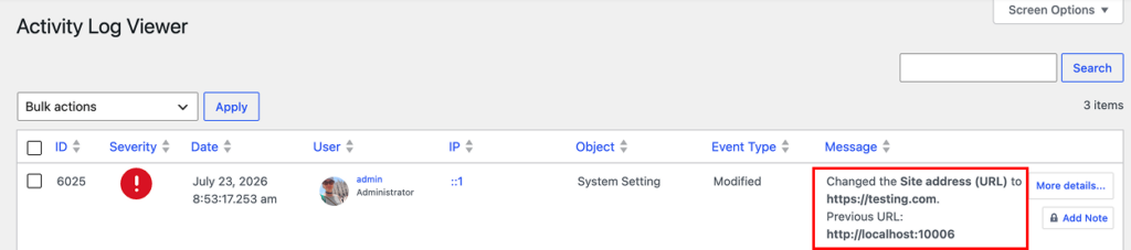 WP Activity Log - configuration changes